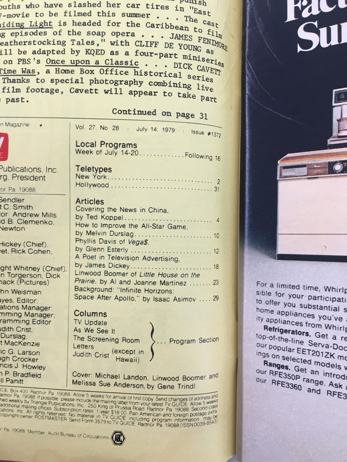 Inside page of TV Guide Magazine July 14 1979, showcasing local programming and features including Ted Koppel and James Dickey, reflecting late 1970s television culture.