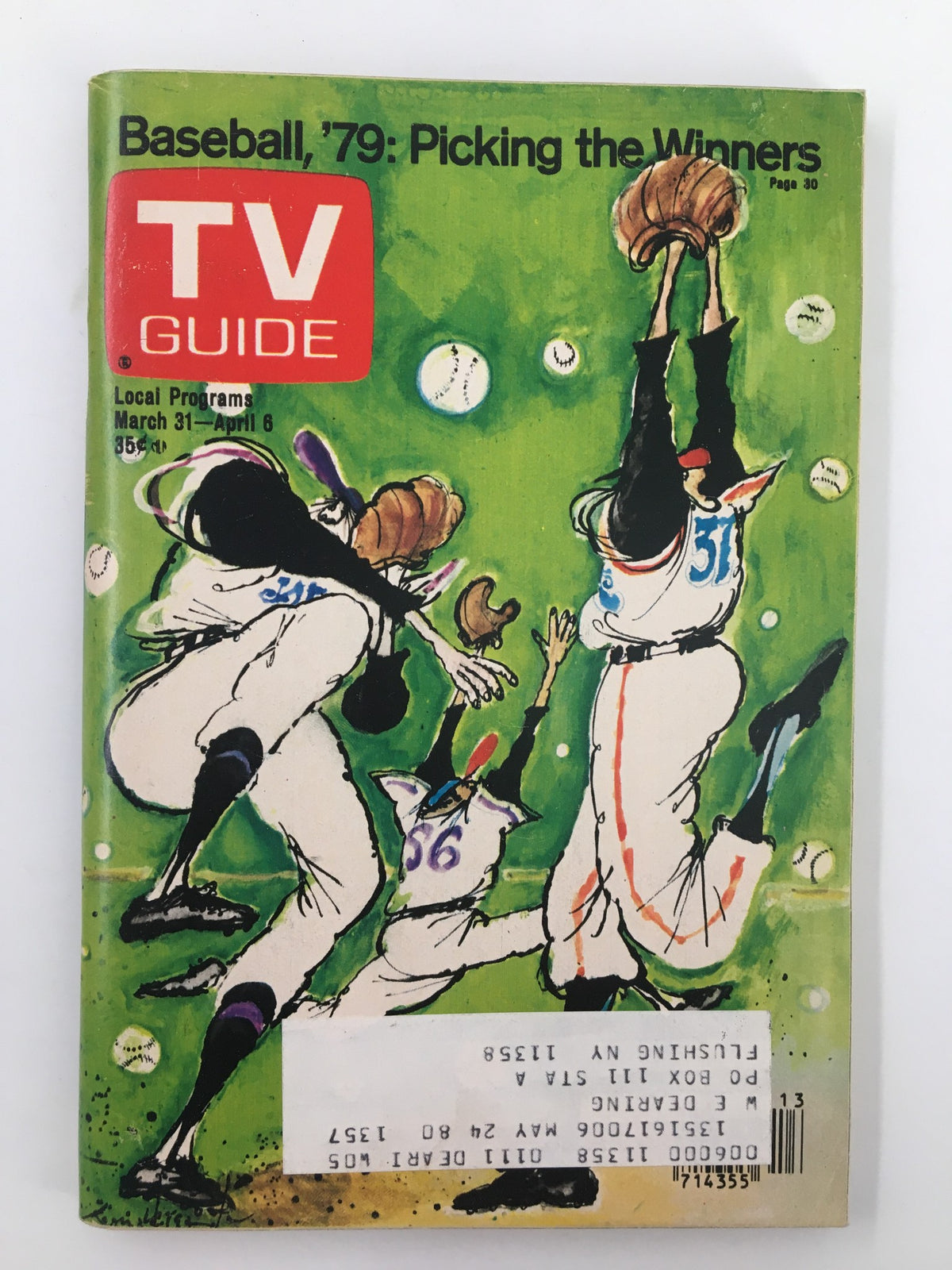 Cover of TV Guide Magazine March 31 1979 featuring baseball theme and artwork depicting players catching a baseball, highlighting predictions for the season in the New York Metro Edition.