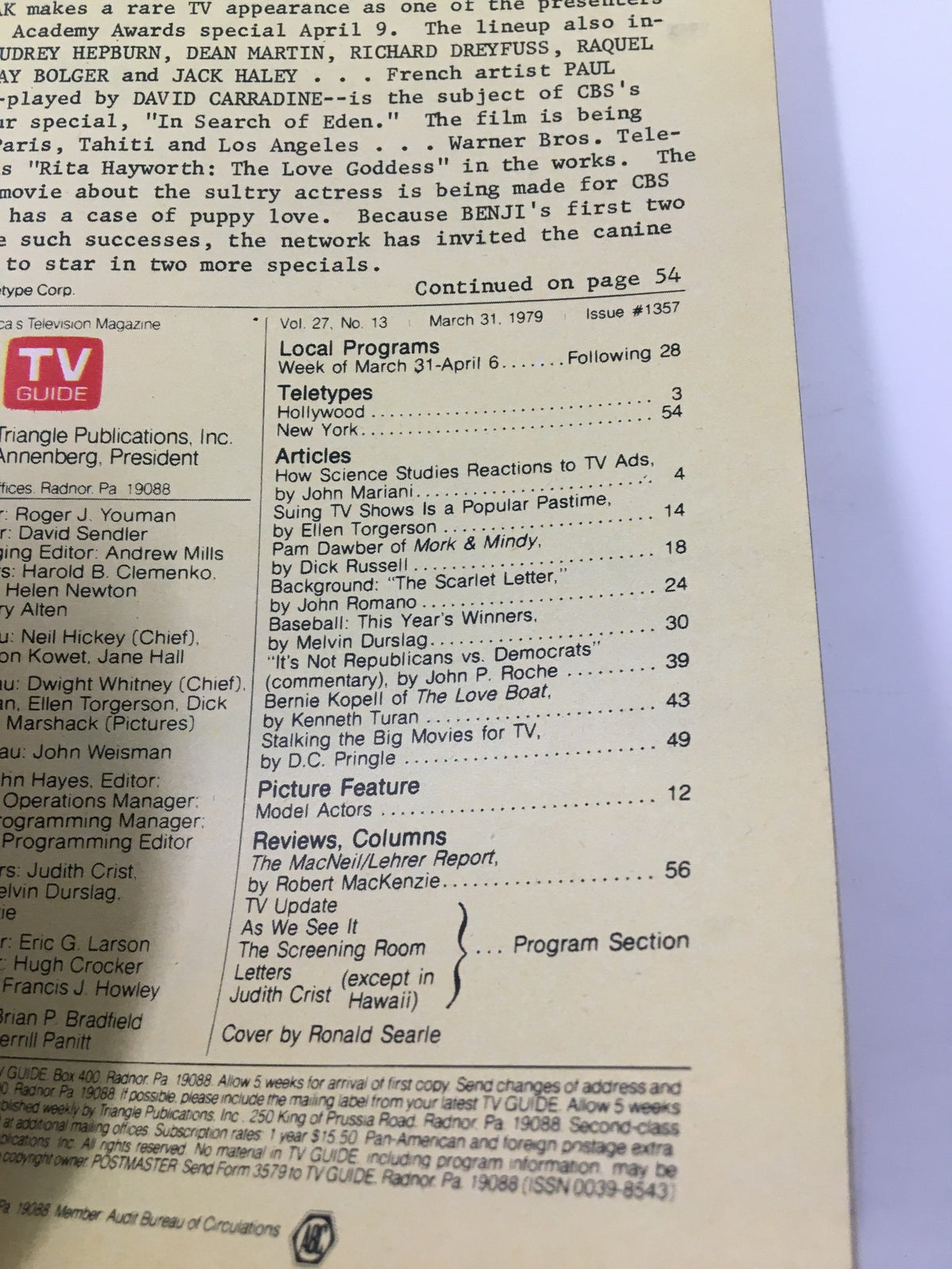 Inside page of TV Guide Magazine March 31 1979 displaying a list of local programs and articles, including insights into the entertainment features relevant to the season in the New York Metro Edition.