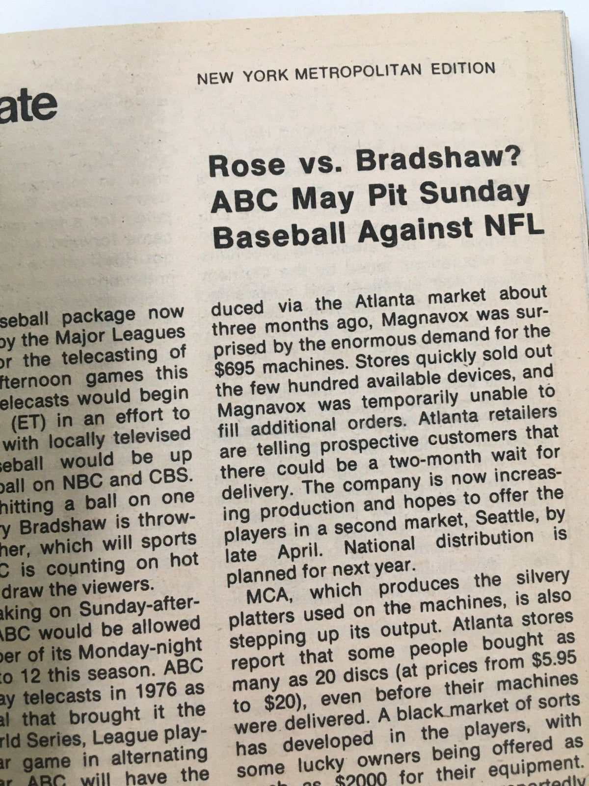 Article page from TV Guide Magazine March 31 1979 discussing the competition between baseball and NFL programming in the New York Metro Edition, capturing the television landscape of the time.