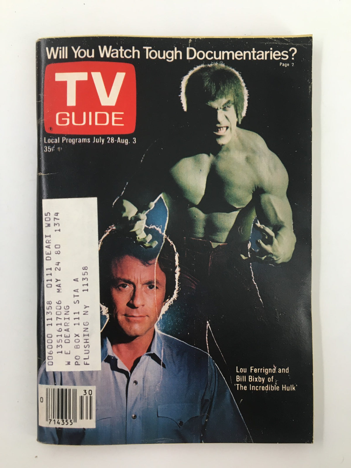 Cover of TV Guide Magazine July 28 1979 featuring Lou Ferrigno as The Incredible Hulk and Bill Bixby, reflecting classic television history from the late 70s.