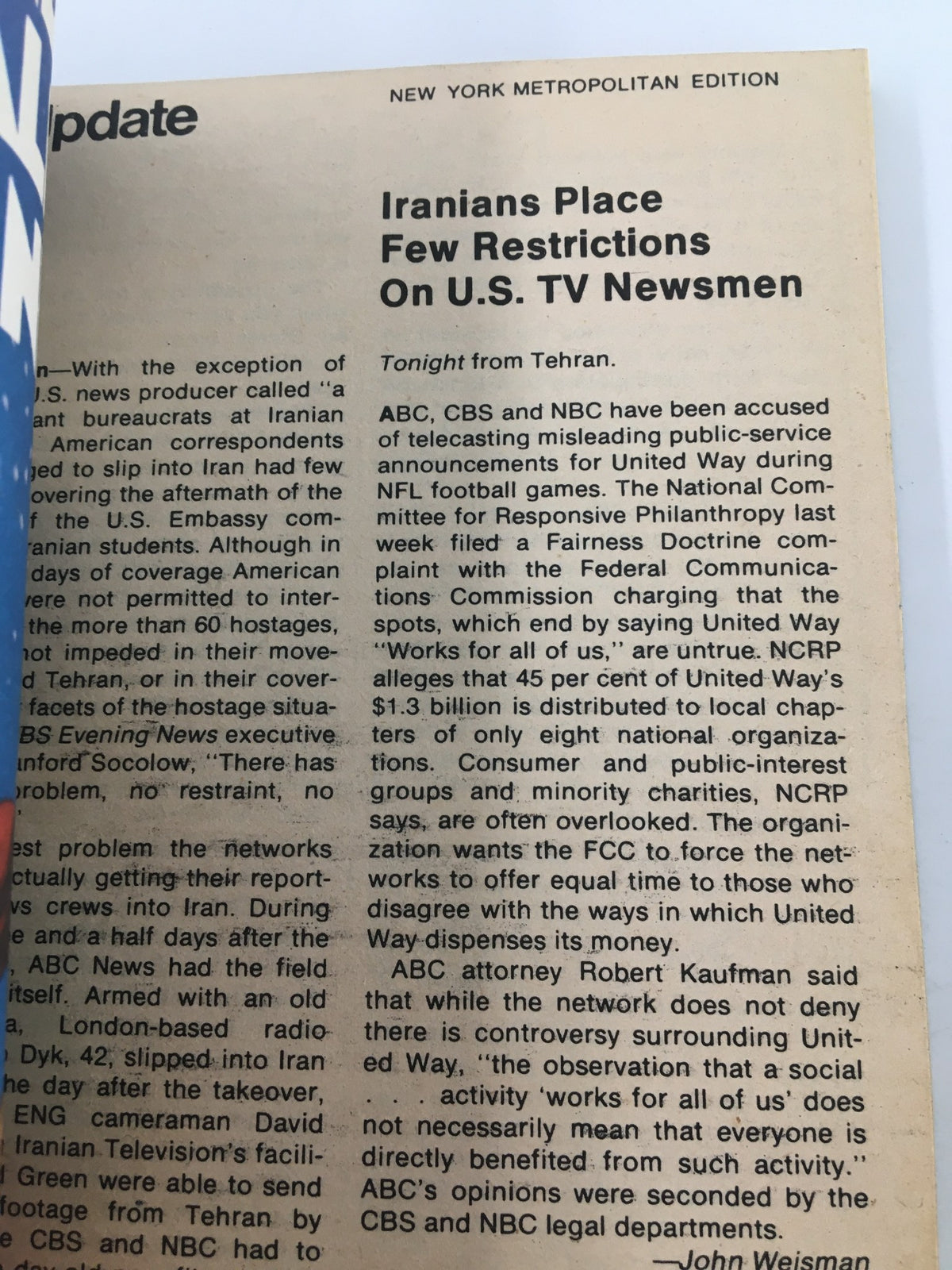 Article from TV Guide Magazine November 24, 1979, titled 'Iranians Place Few Restrictions On U.S. TV Newsmen', discussing television news broadcasting and current events in Iran.