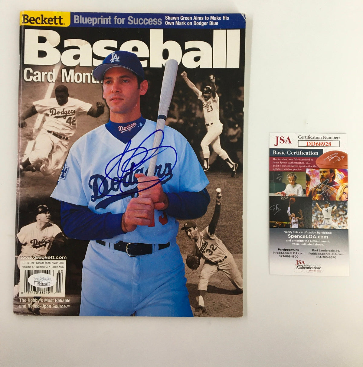 Shawn Green Beckett Baseball #180 March 2000 JSA Certified Autographed magazine featuring Shawn Green in a Dodgers jersey, showcasing his autograph on the cover.