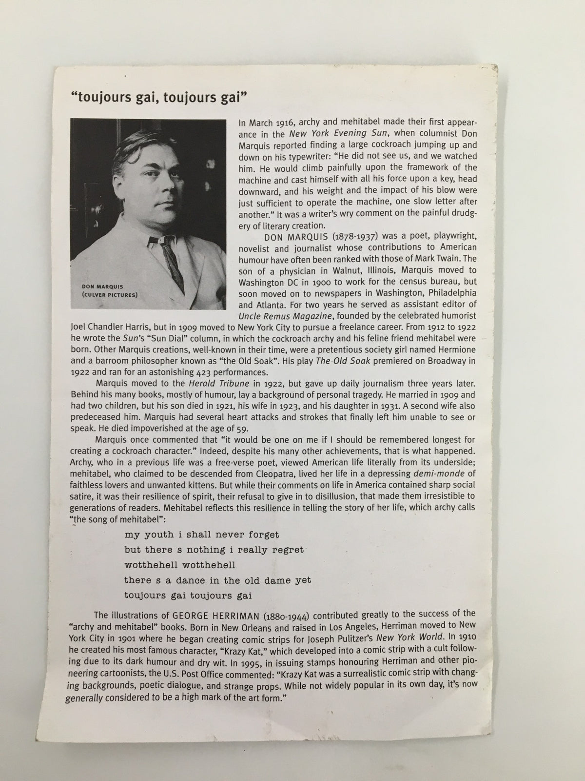 Interior page of the 2001 Shaw Festival program for Archy and Mehitabel, featuring a photograph of Guy Bannerman and text about the performers, emphasizing the show's rich theatrical context.