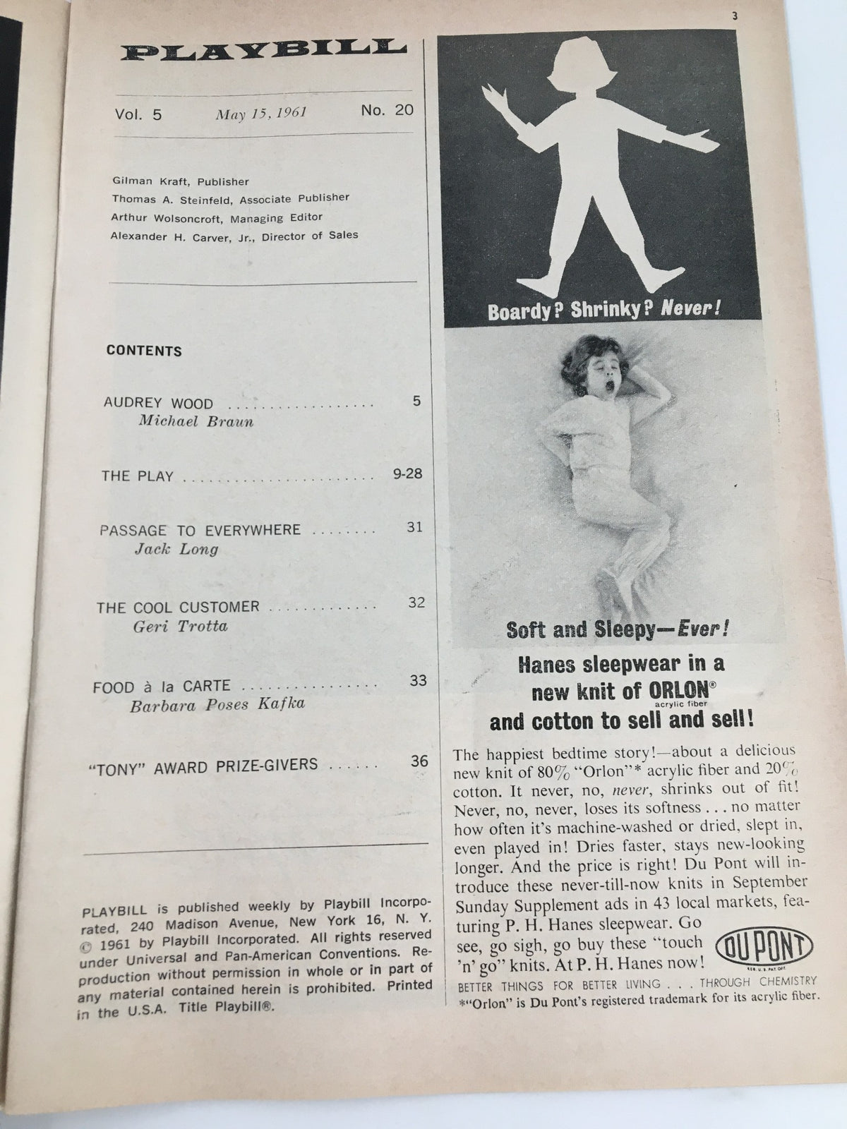 Inside page of the 1961 Playbill from Anta Theatre highlighting various performances and advertisements including a feature on Big Fish, Little Fish.