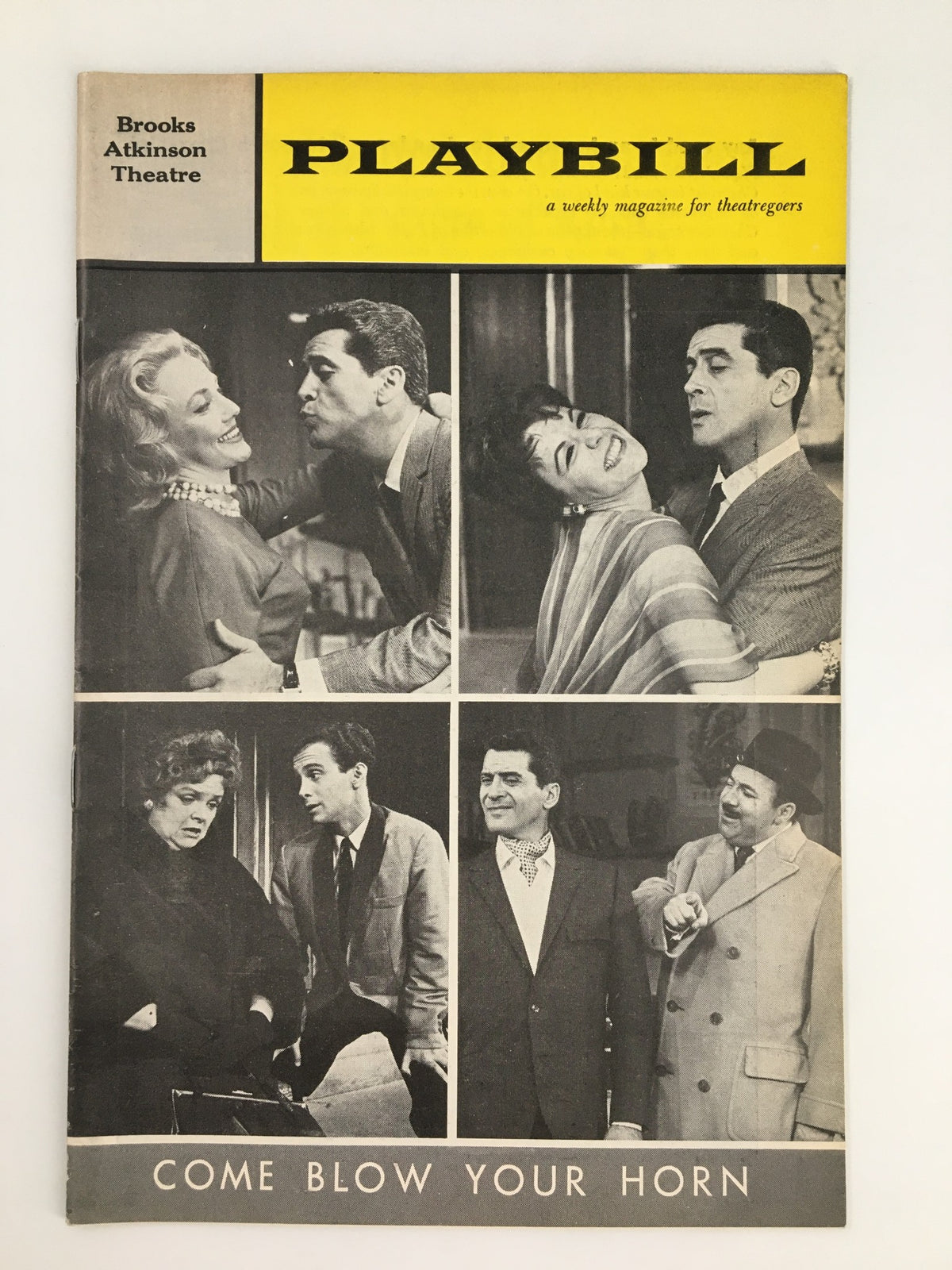 1961 Playbill titled 'Come Blow Your Horn' featuring photographs from the production at Brooks Atkinson Theatre, showcasing the performances of Hal March and Joel Grey.