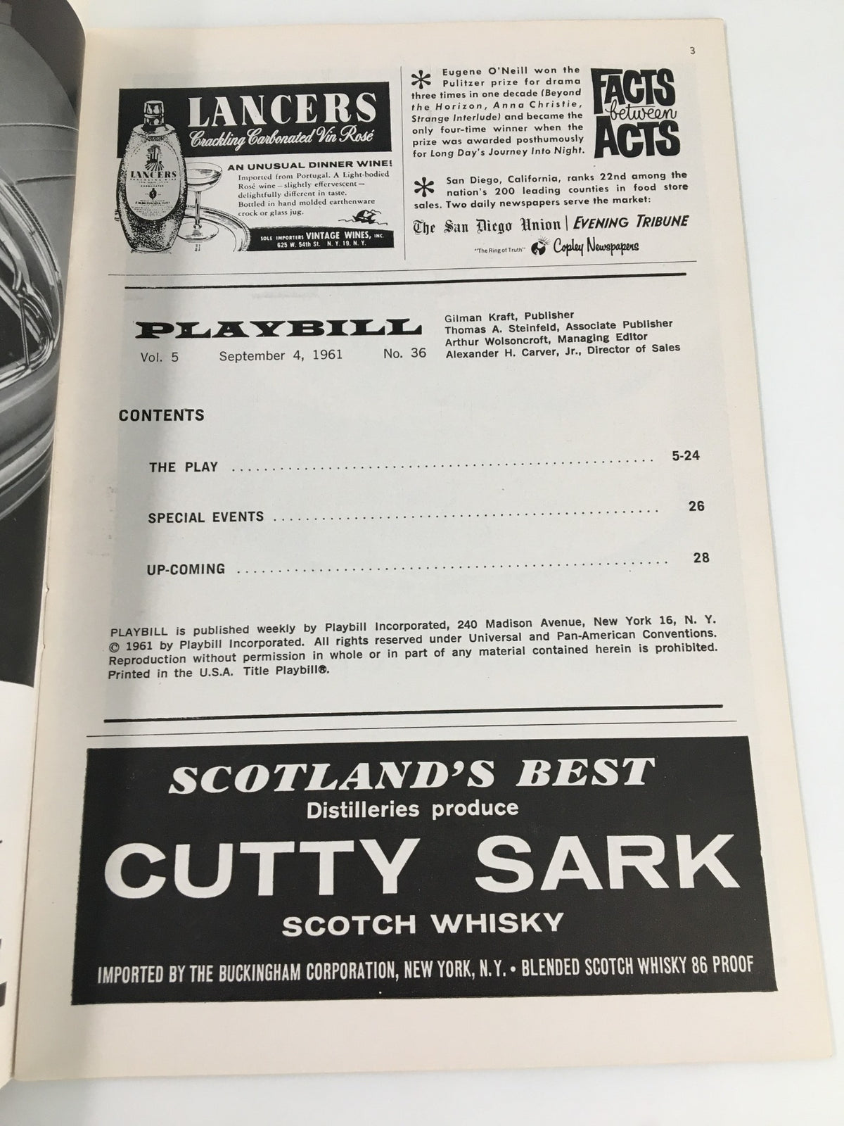 Inside page of a 1961 Playbill for 'Come Blow Your Horn', detailing the play's contents and featuring advertisements, published by Playbill.