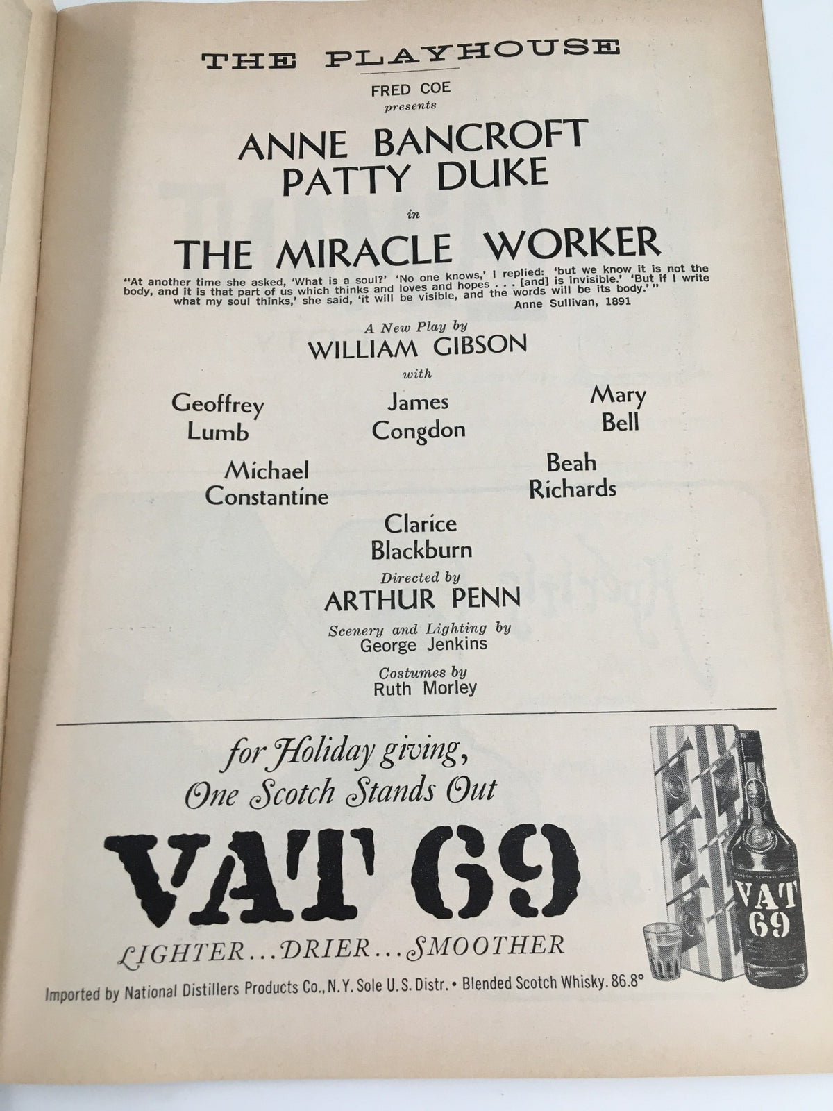 1960 Playbill The Playhouse highlighting Anne Bancroft and Patty Duke in The Miracle Worker, a classic theatrical production.