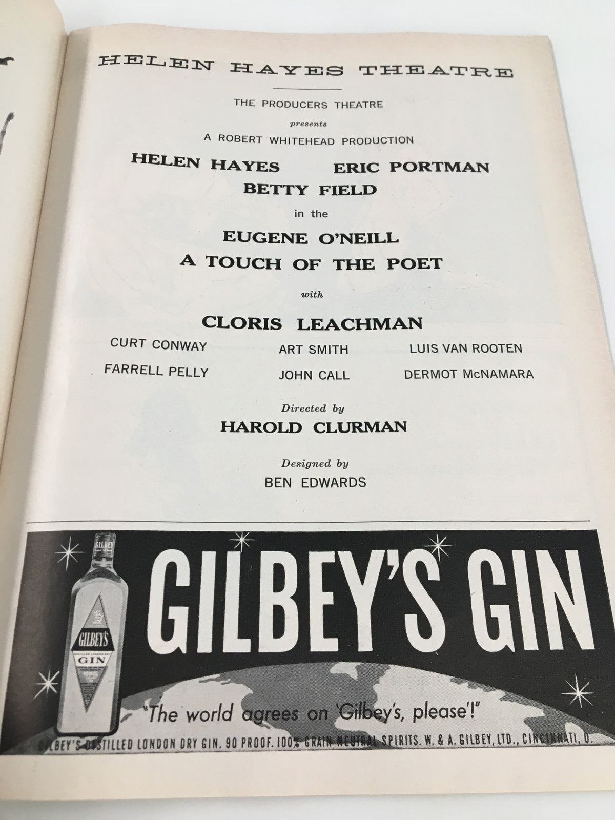 Second page of the 1959 Playbill for 'A Touch of The Poet' highlighting the cast and crew, including Helen Hayes, and the production details from the Helen Hayes Theatre.