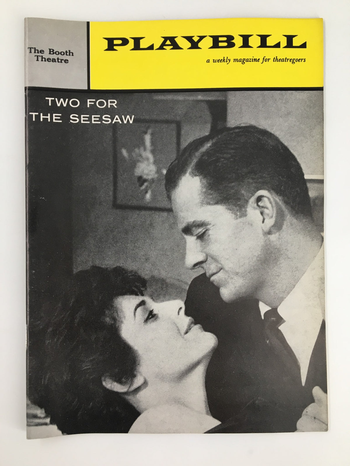 1959 Playbill for The Booth Theatre featuring Dana Andrews and Anne Bancroft in Two for the Seesaw, depicting a romantic moment on the cover.