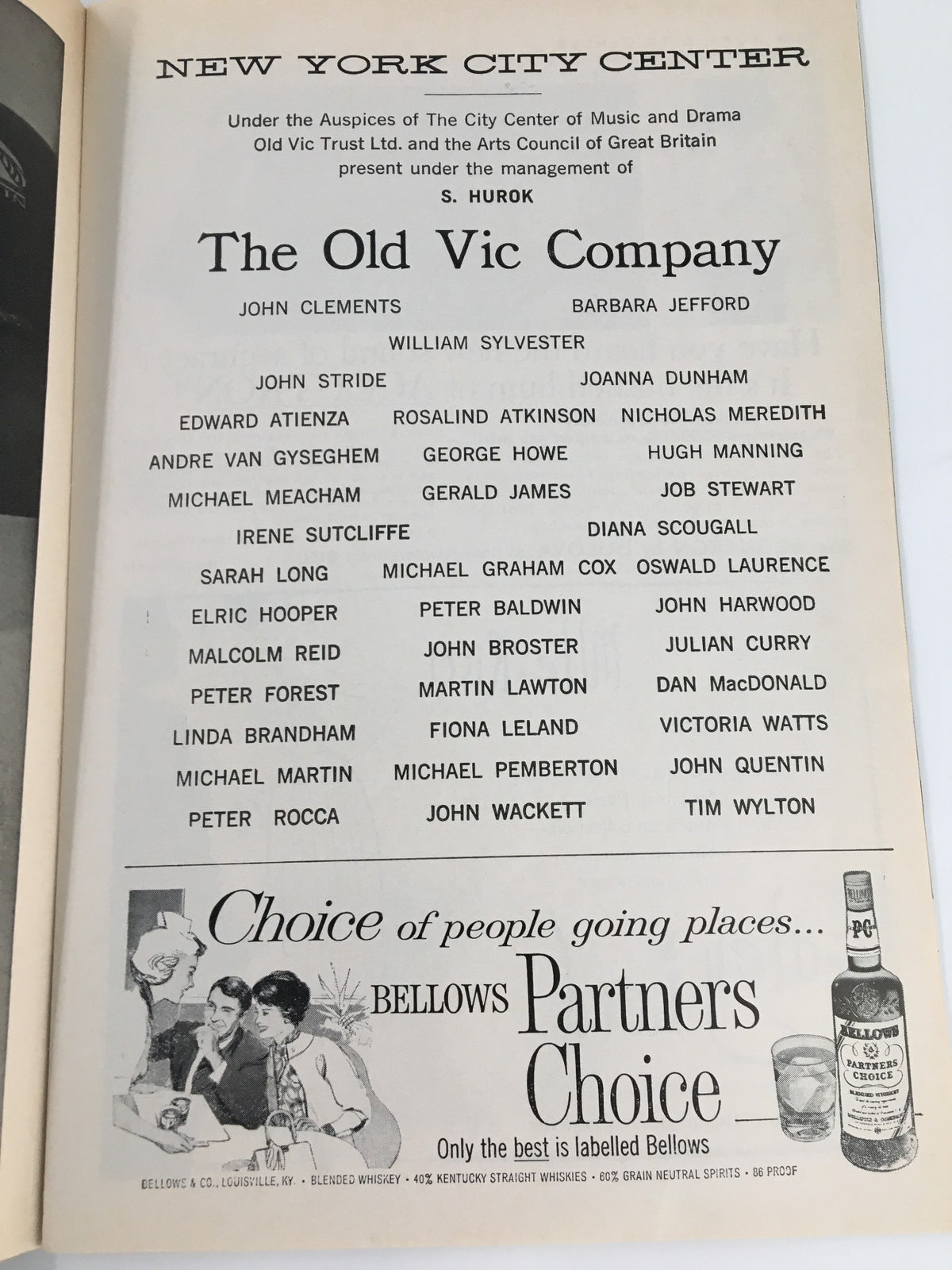 Casting information page from the 1962 Playbill for The Old Vic Company at New York City Center, listing John Clements and other cast members.