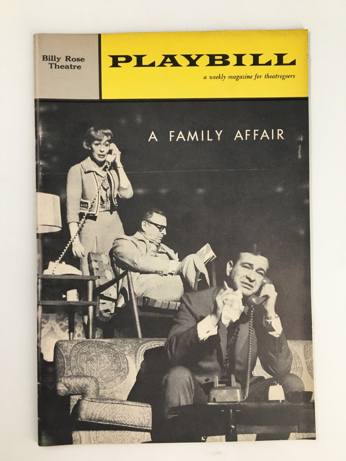 1962 Playbill from the Billy Rose Theatre featuring Shelley Berman in 'A Family Affair', showcasing a vintage black and white theater scene with actors on stage.