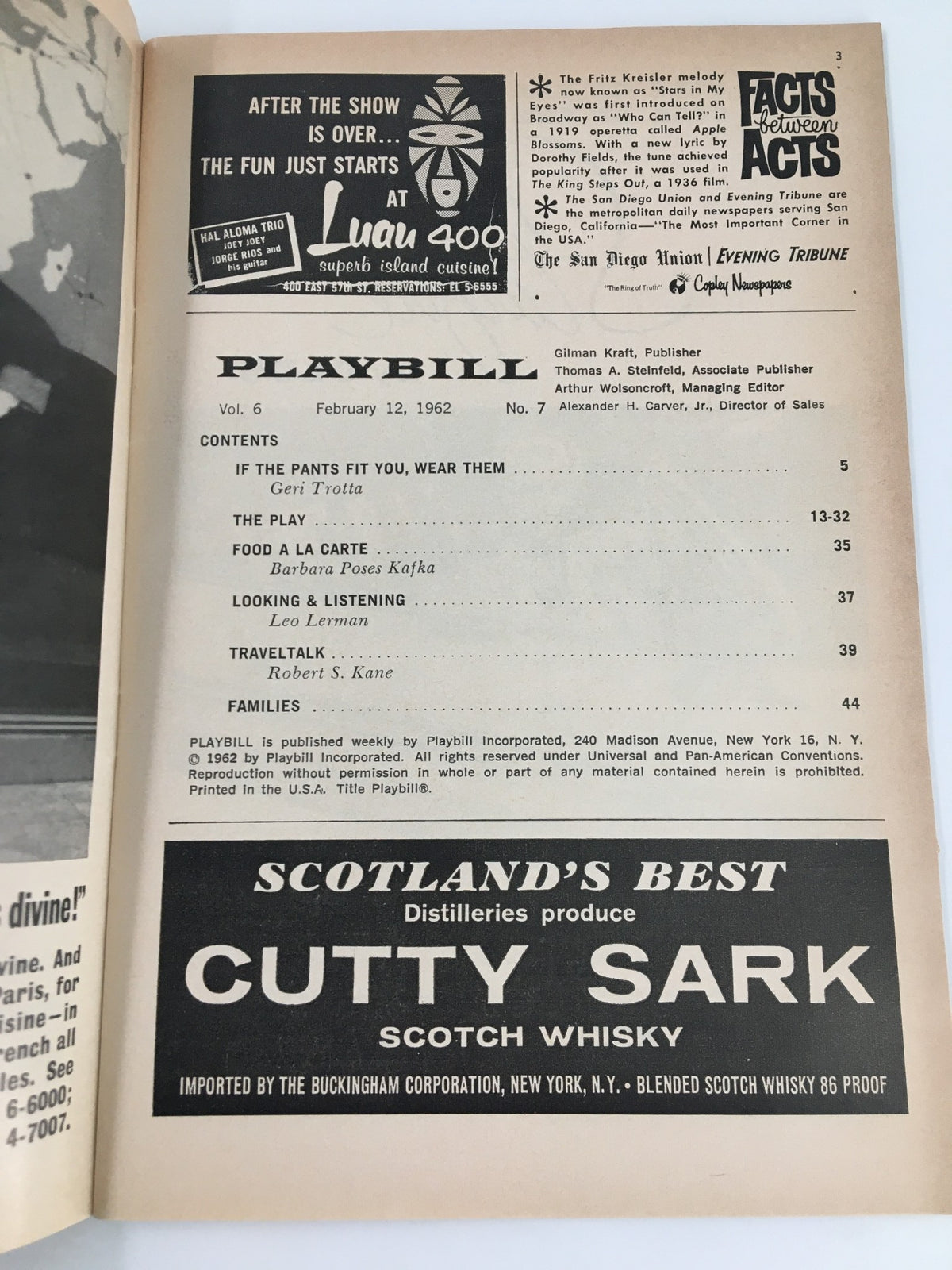 1962 Playbill from the Billy Rose Theatre, featuring contents and articles like 'If the Pants Fit' and 'Travel Talk,' dated February 12, 1962.