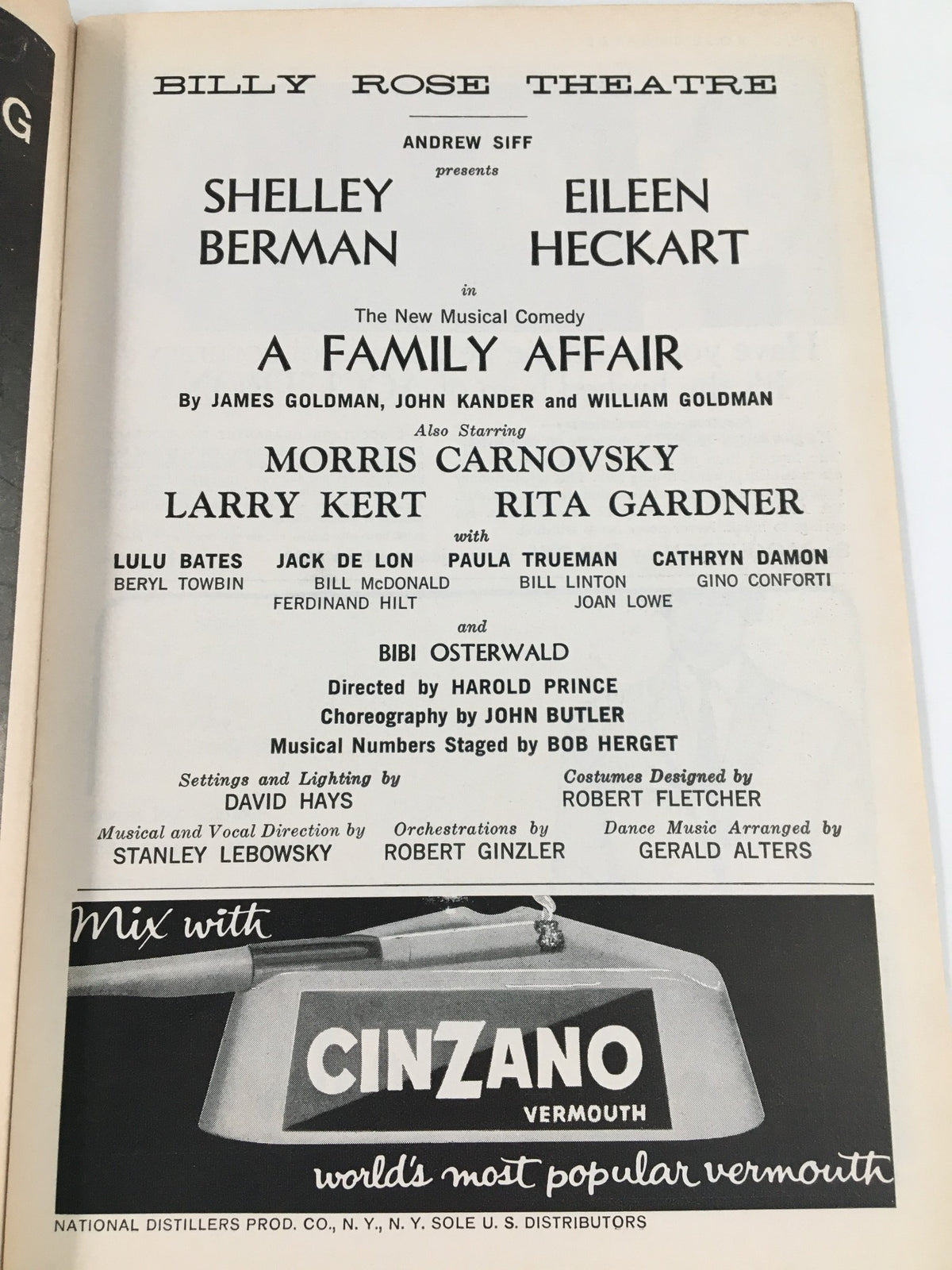 1962 Playbill for 'A Family Affair' starring Shelley Berman and Eileen Heckart at the Billy Rose Theatre, showcasing the cast and creative team.