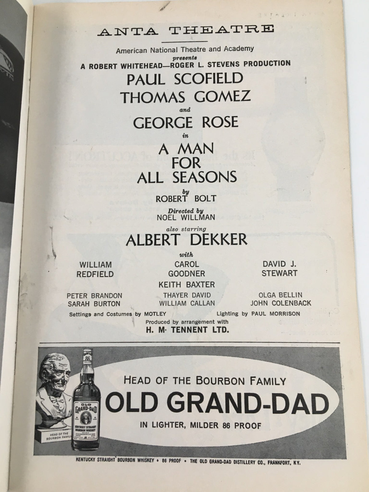 1962 Playbill from the Anta Theatre showcasing cast members Paul Scofield, Thomas Gomez, and George Rose in A Man For All Seasons.