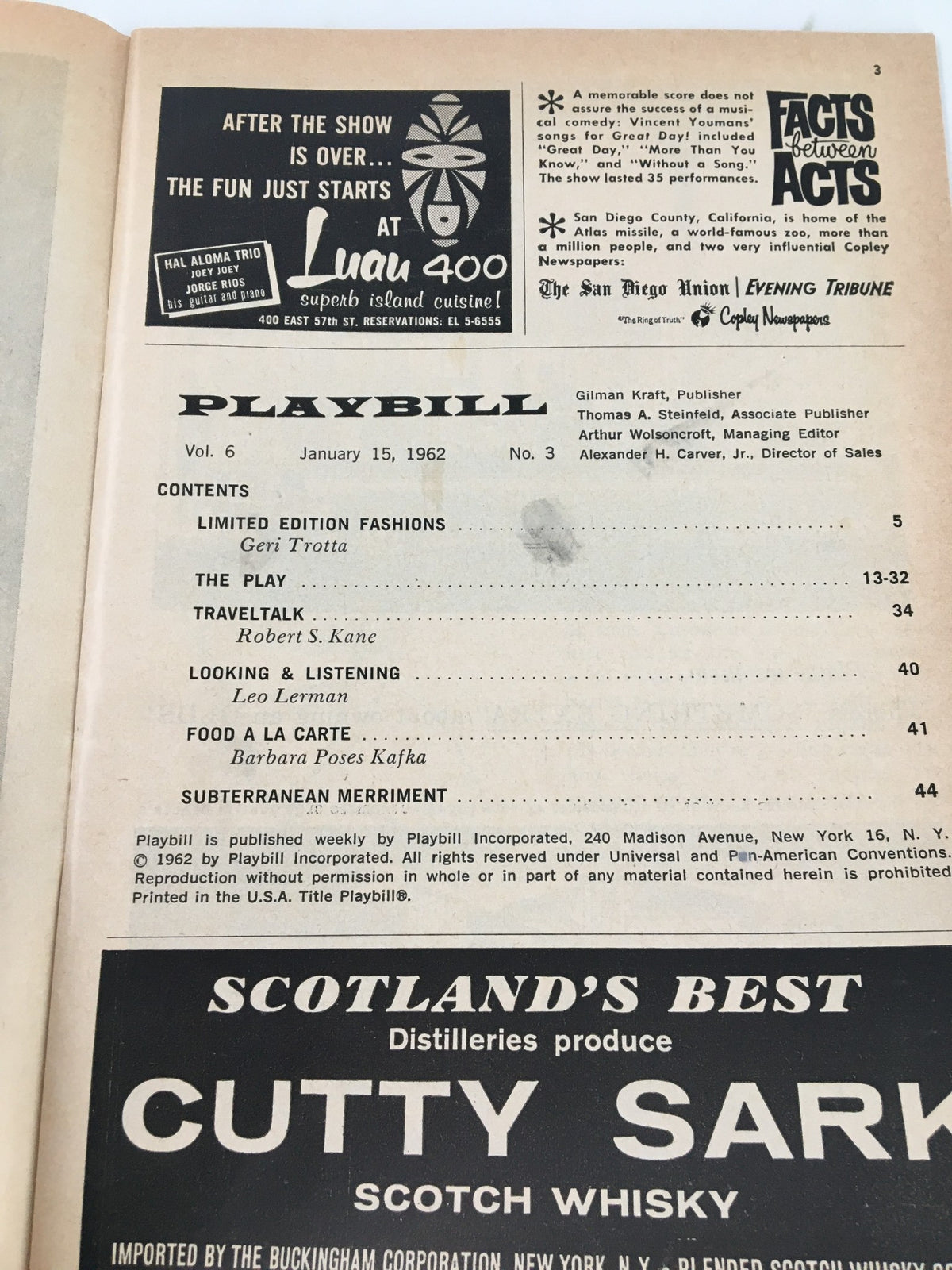 Inside page of the 1962 Playbill Ethel Barrymore Theatre listing content and features including Lend Lease Fashions and articles, part of the Playbill for Michael Redgrave in The Complaisant Lover.