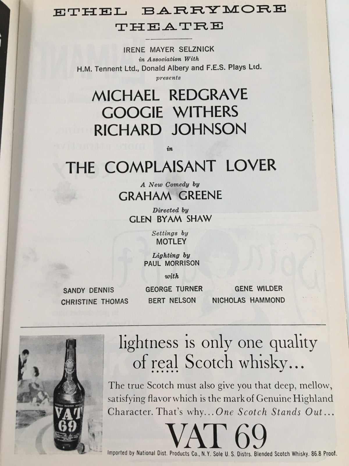 Promotional page from the 1962 Playbill Ethel Barrymore Theatre highlighting Michael Redgrave with Googie Withers and Richard Johnson in The Complaisant Lover, showcasing cast details and theatrical information.