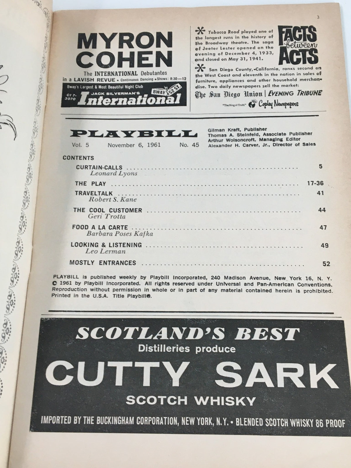 Interior page of a 1961 Playbill from John Golden Theatre, featuring contents and advertisements for 'An Evening with Yves Montand'.