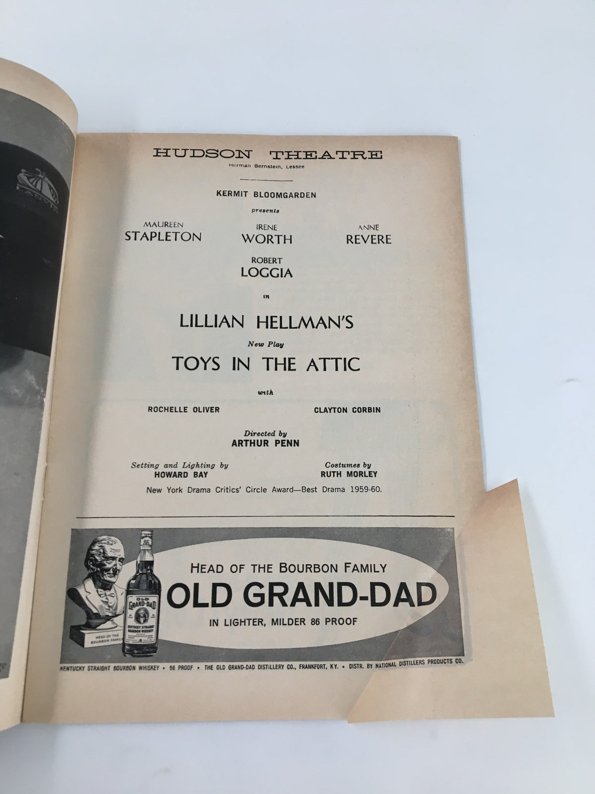 Page of the 1961 Hudson Theatre Playbill highlighting Maureen Stapleton and other cast members for the play 'Toys In The Attic'.