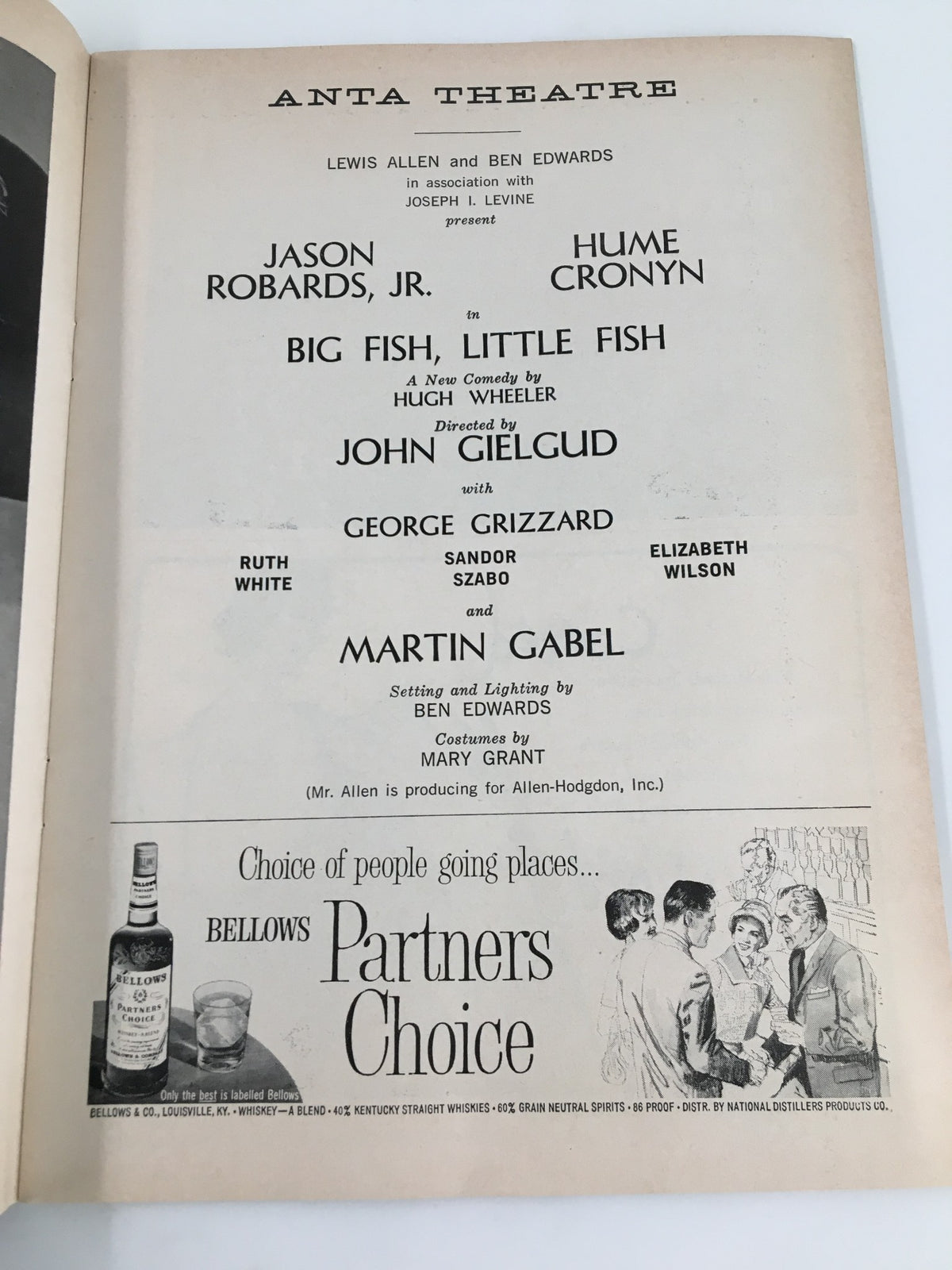 Interior page of the 1961 Playbill specifically highlighting Hume Cronyn's role in the play 'Big Fish, Little Fish' at the Anta Theatre, detailing production credits and staff.