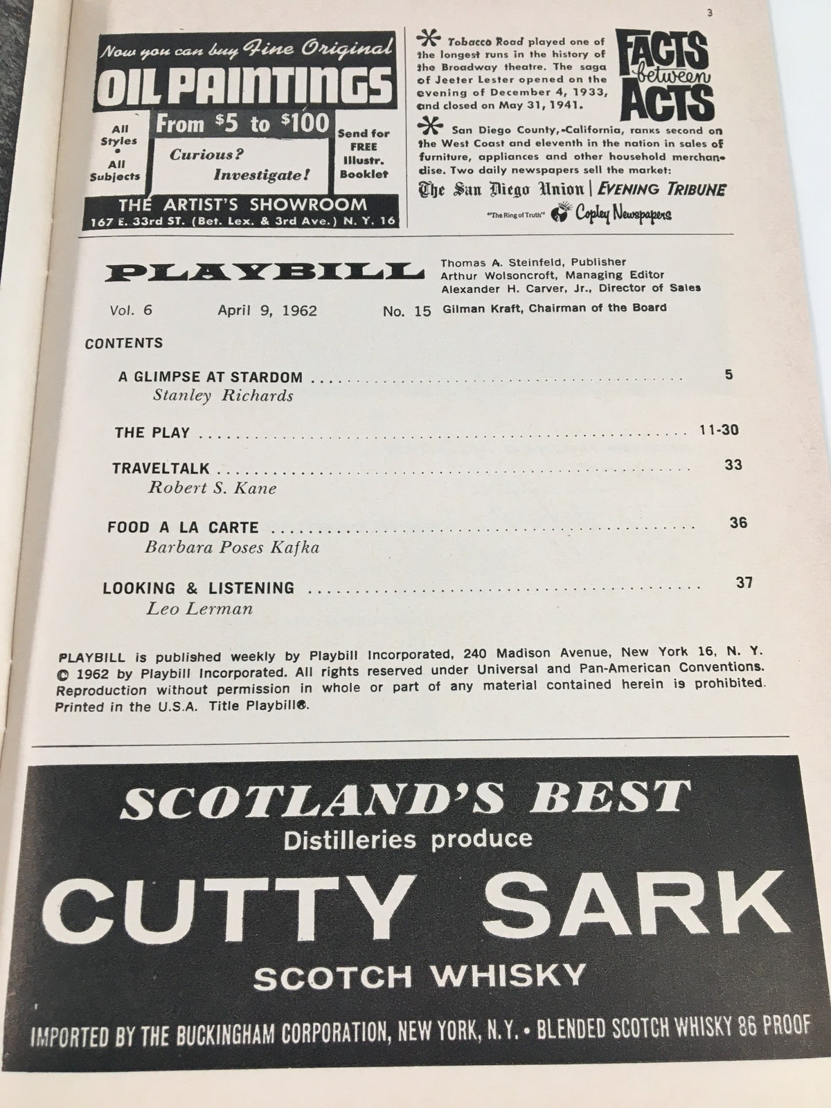 Inside of the 1962 Playbill for 'Write Me A Murder', highlighting contents and advertisements, and representing a historical glimpse into theatrical programming of that era.
