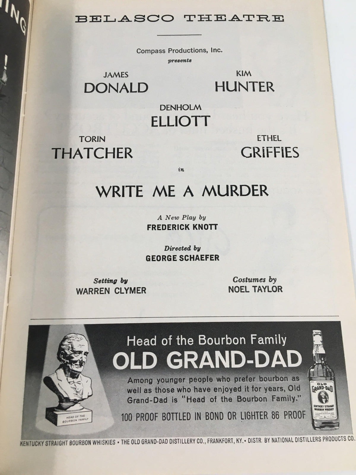 1962 Playbill Cover from the Belasco Theatre featuring James Donald, Kim Hunter in the play 'Write Me A Murder'. This collectible shows the unique design and typographic style of mid-20th century theater programs.