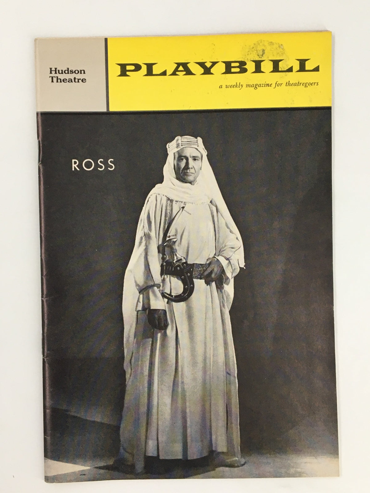 1962 Playbill Hudson Theatre featuring John Mills in a striking pose as depicted in the production of Ross. Vintage theatrical collectible from the Hudson Theatre.