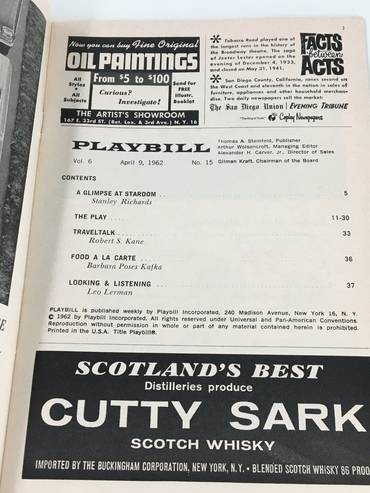 1962 Playbill Hudson Theatre, featuring the table of contents with performances including 'A Glimpse at Stardom' and 'Travel Talk'.