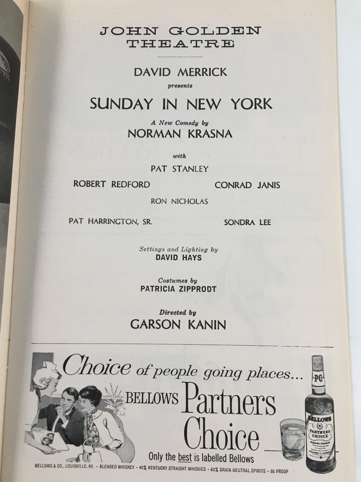 Details of the 1962 Playbill for 'Sunday in New York', including cast, director, and production credits from the John Golden Theatre.