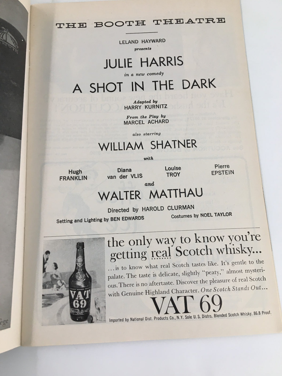 1962 Playbill for The Booth Theatre featuring Julie Harris and William Shatner in A Shot in the Dark, including cast details and vintage advertisements.