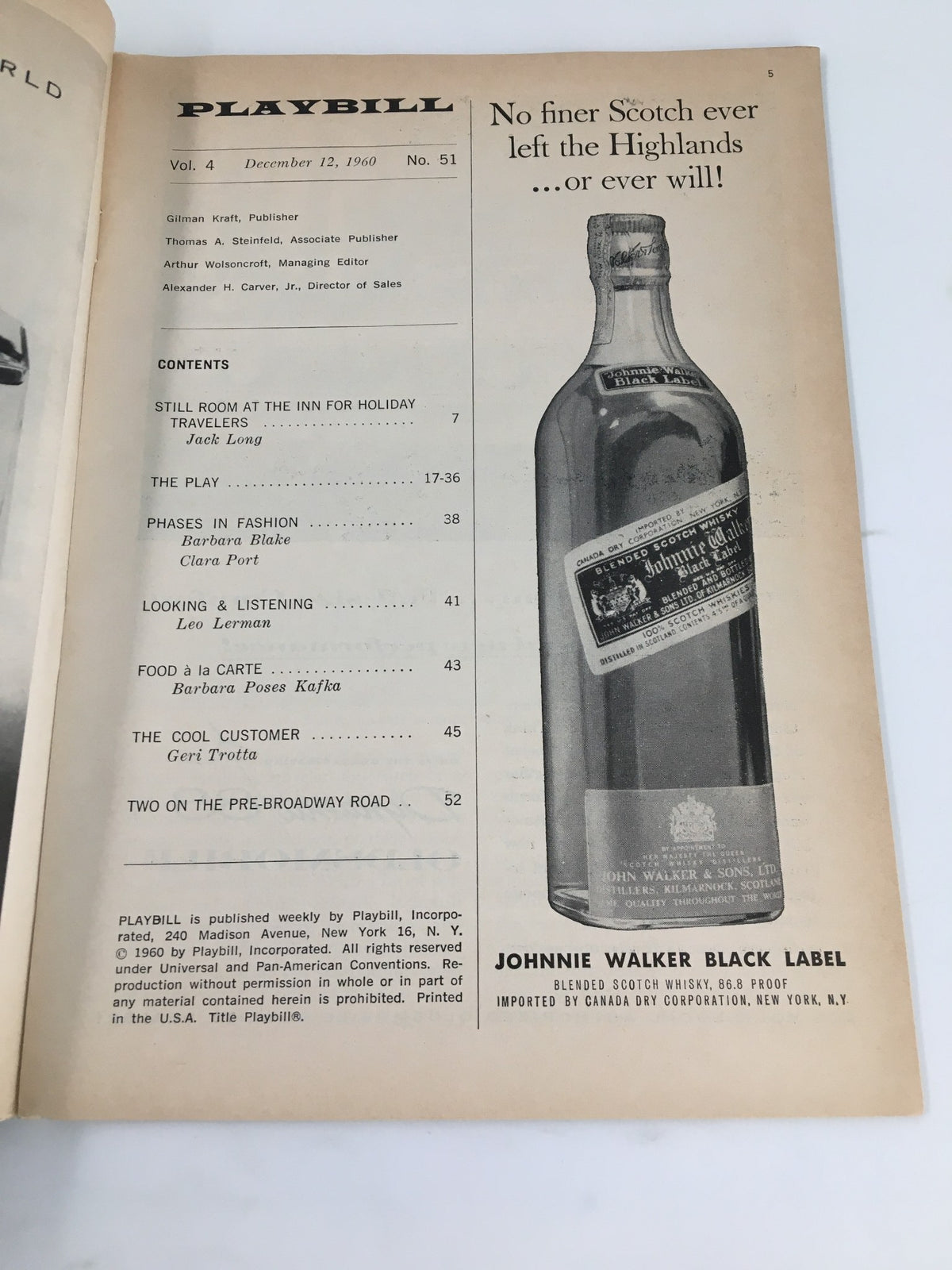 Inside page of the 1960 Playbill for La Plume De Ma Tante at the Royale Theatre, including a vintage advertisement for Johnnie Walker Black Label Scotch.