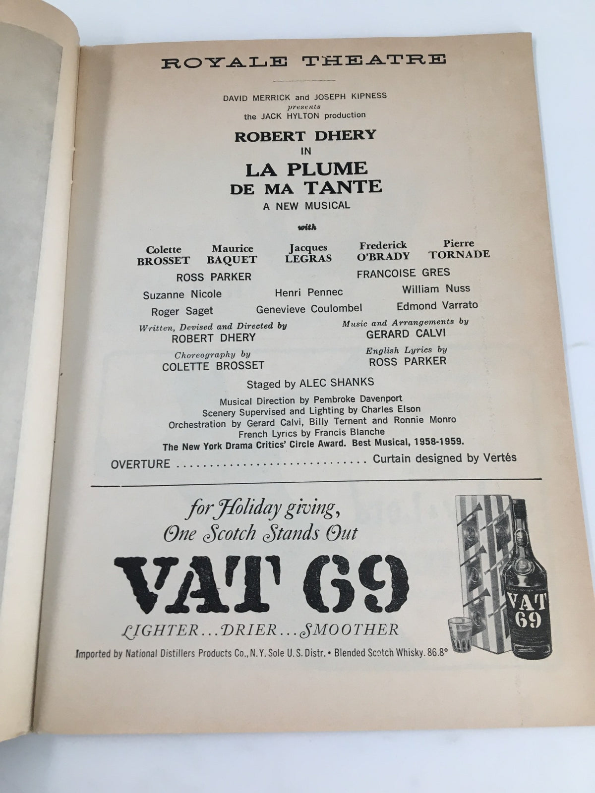 Another page from the 1960 Playbill for La Plume De Ma Tante, highlighting cast details and production credits from the Royale Theatre.