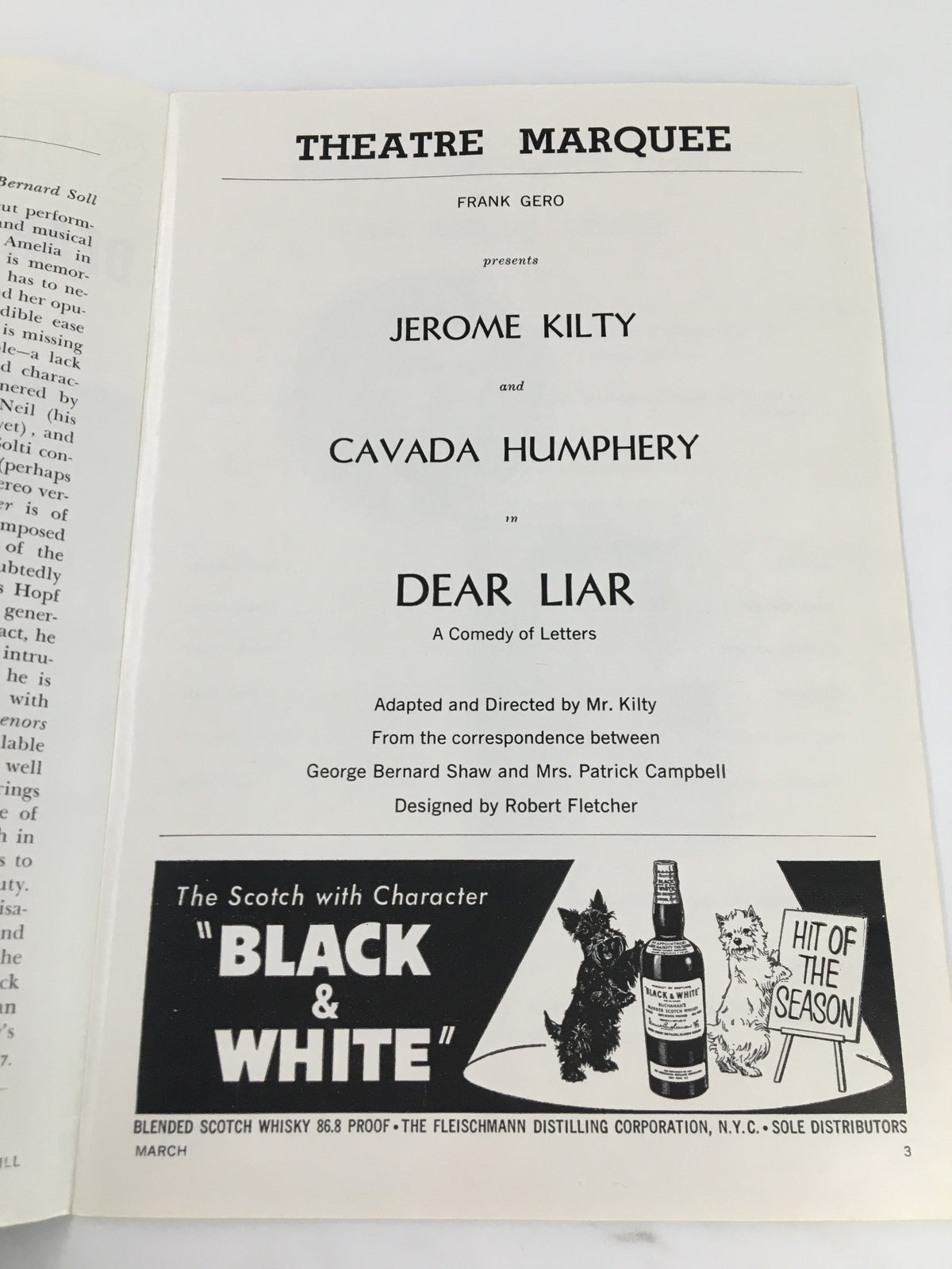 1960 Showbill Theatre Marquee for 'Dear Liar' with Jerome Kilty and Cavada Humphrey, detailing the play's title and production credits on an elegant layout.