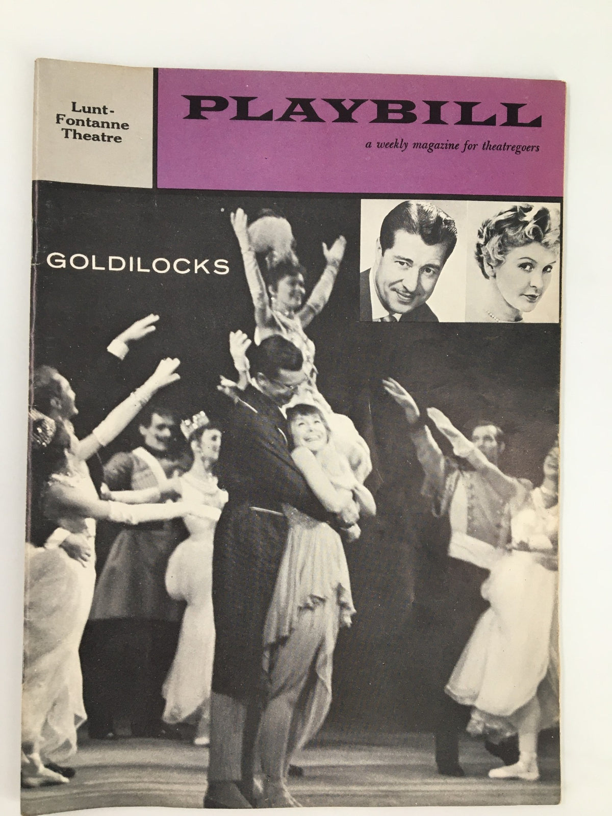 1958 Playbill from Lunt-Fontanne Theatre showcasing Don Ameche and Elaine Stritch in Goldilocks, featuring vibrant cover art and theatrical imagery.
