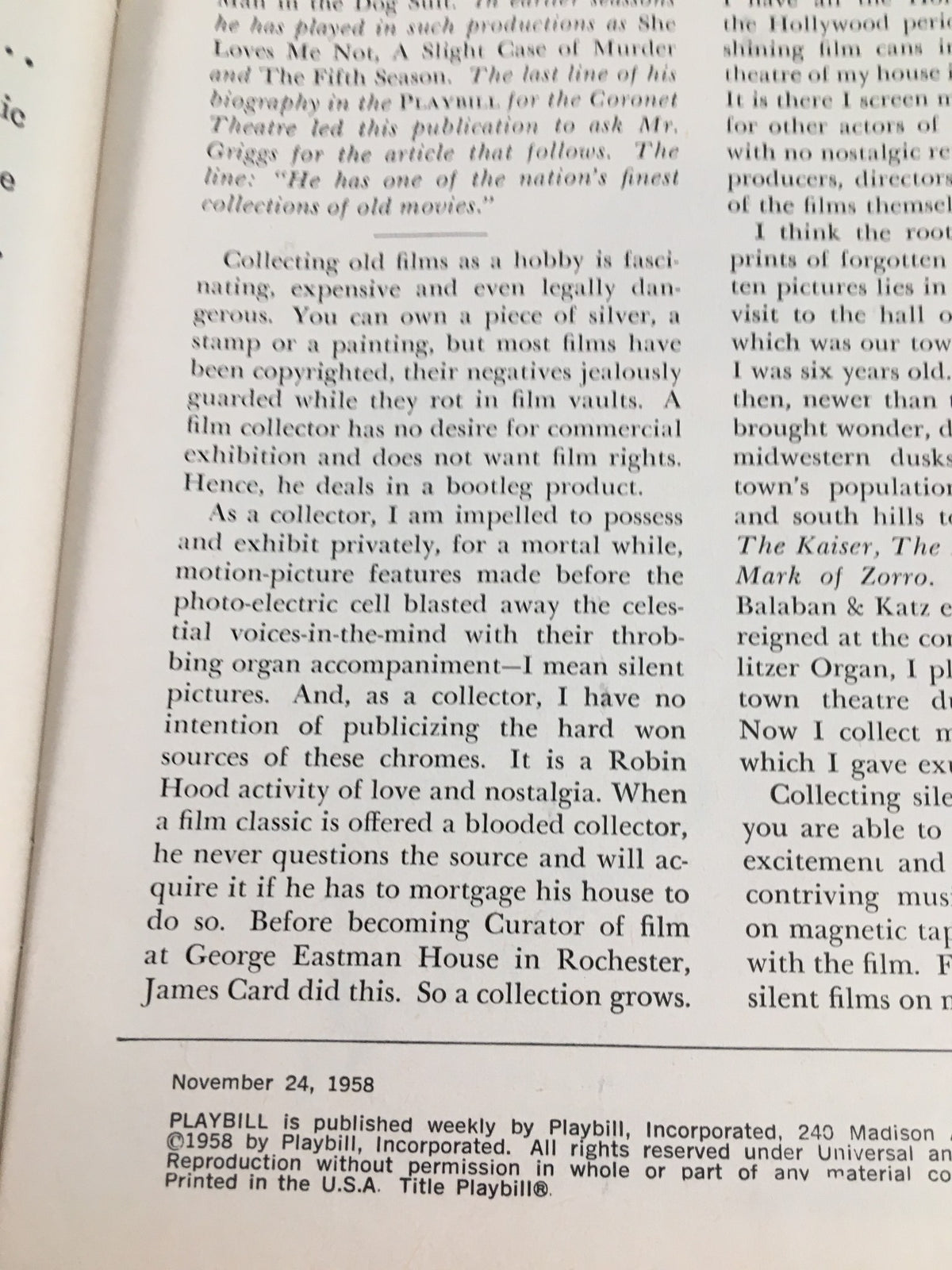 Inside page of 1958 Playbill Lunt-Fontanne Theatre, featuring collection notes and historical commentary related to theatre memorabilia.