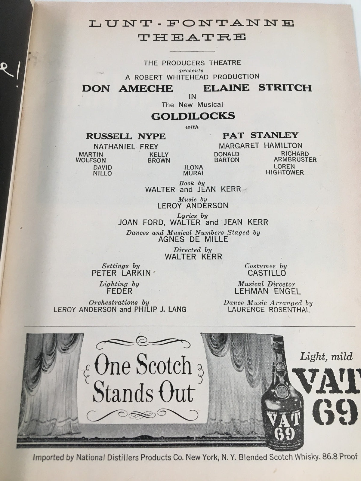 Production credits page of 1958 Playbill Lunt-Fontanne Theatre for Goldilocks, listing cast and crew including Don Ameche and Elaine Stritch.