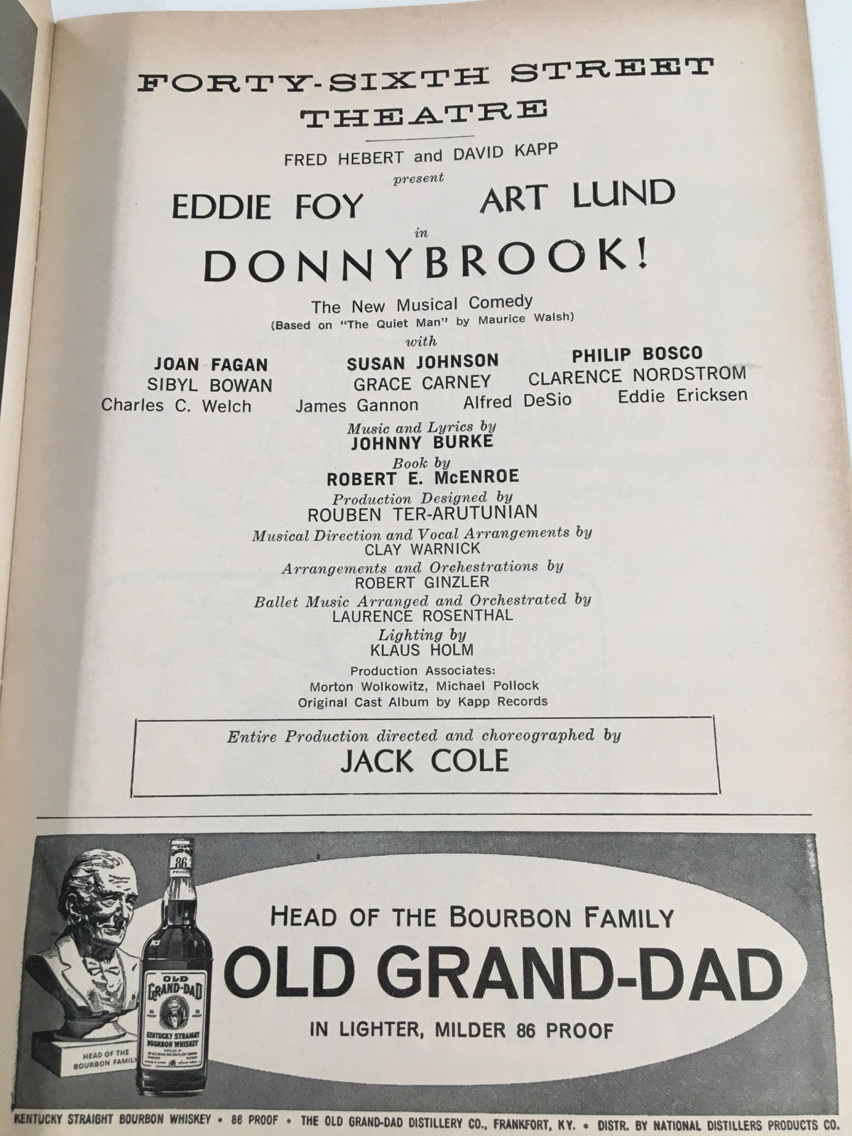 Detailed production credits in the 1961 Playbill for Donnybrook!, presented by Eddie Foy and Art Lund at the 46th Street Theatre, highlighting the cast and creative team.