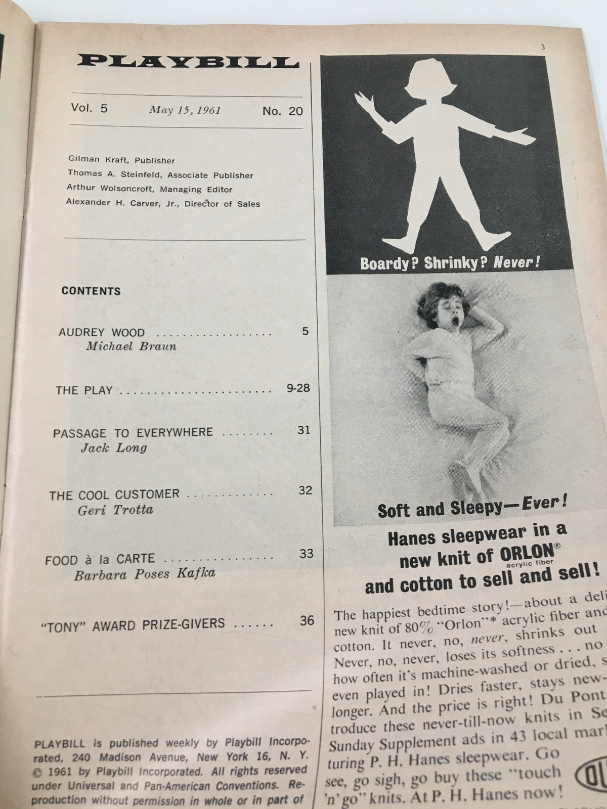 Inside page of the 1961 Playbill from Royale Theatre, displaying contents and advertisements from the May 15 edition.