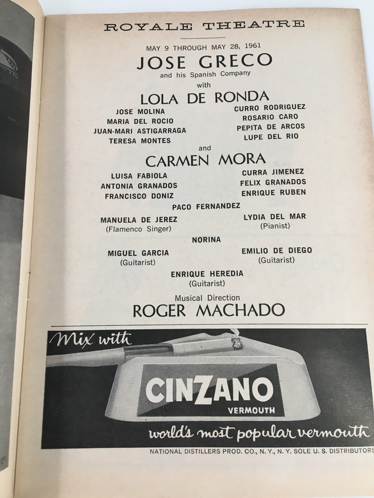 1961 Playbill from the Royale Theatre featuring Jose Greco and His Company, showcasing cast members including Lola De Ronda, Carmen Mora, and musical direction by Roger Machado.