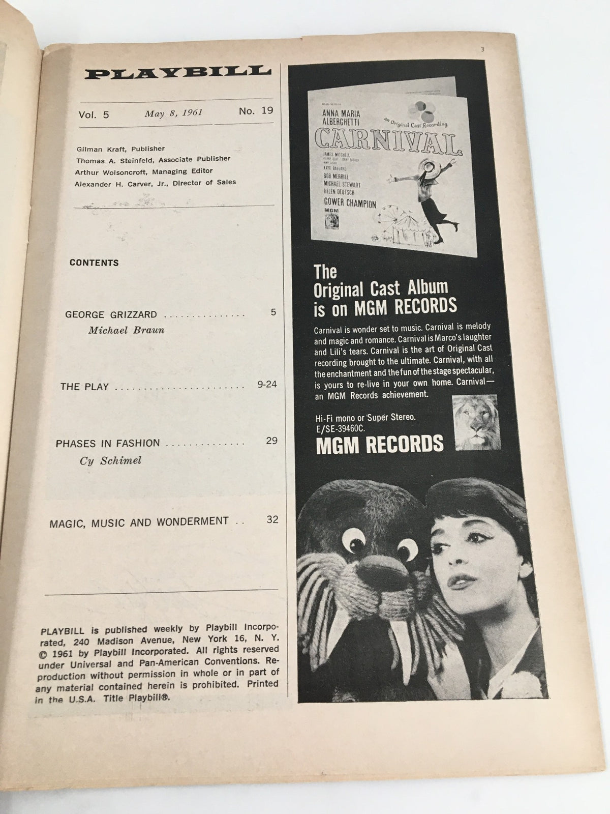 Inside page of the 1960 Playbill for 'Critic's Choice' showcasing additional productions and articles, dated May 8, 1961.