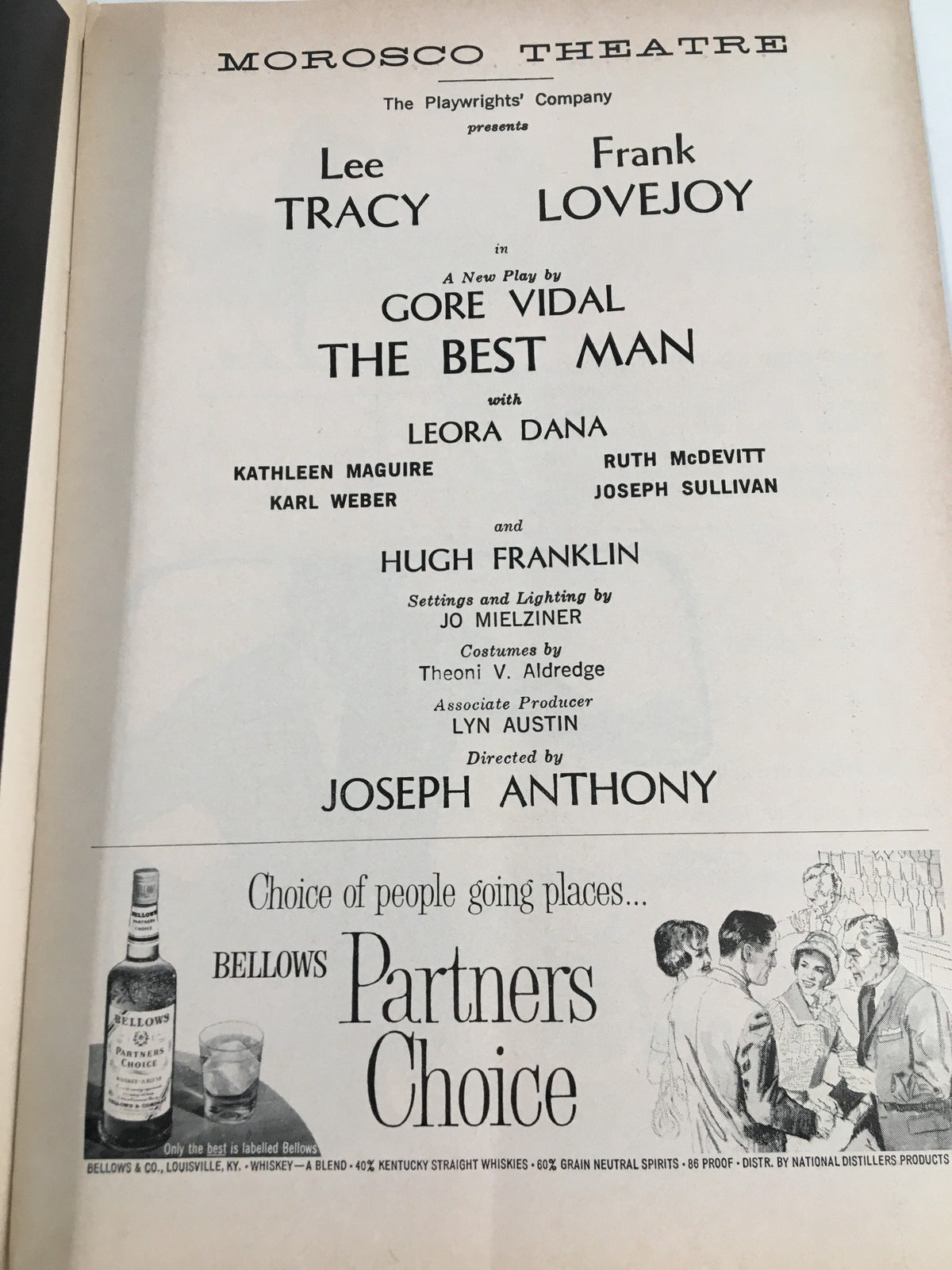 1961 Playbill from the Morosco Theatre featuring Lee Tracy and Frank Lovejoy in The Best Man, showcasing theatrical details and production credits.