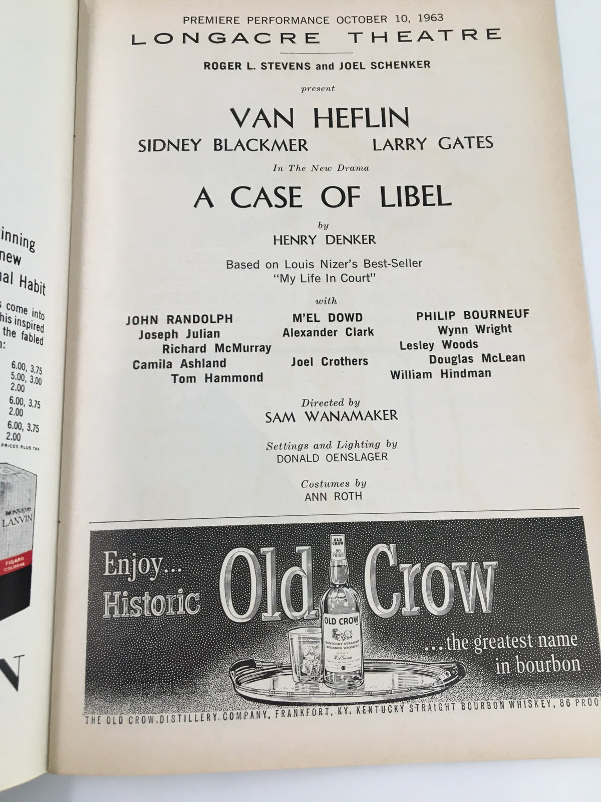 Theatrical cast list from 1963 Playbill for A Case of Libel, highlighting performers including Van Heflin and Larry Gates at Longacre Theatre.
