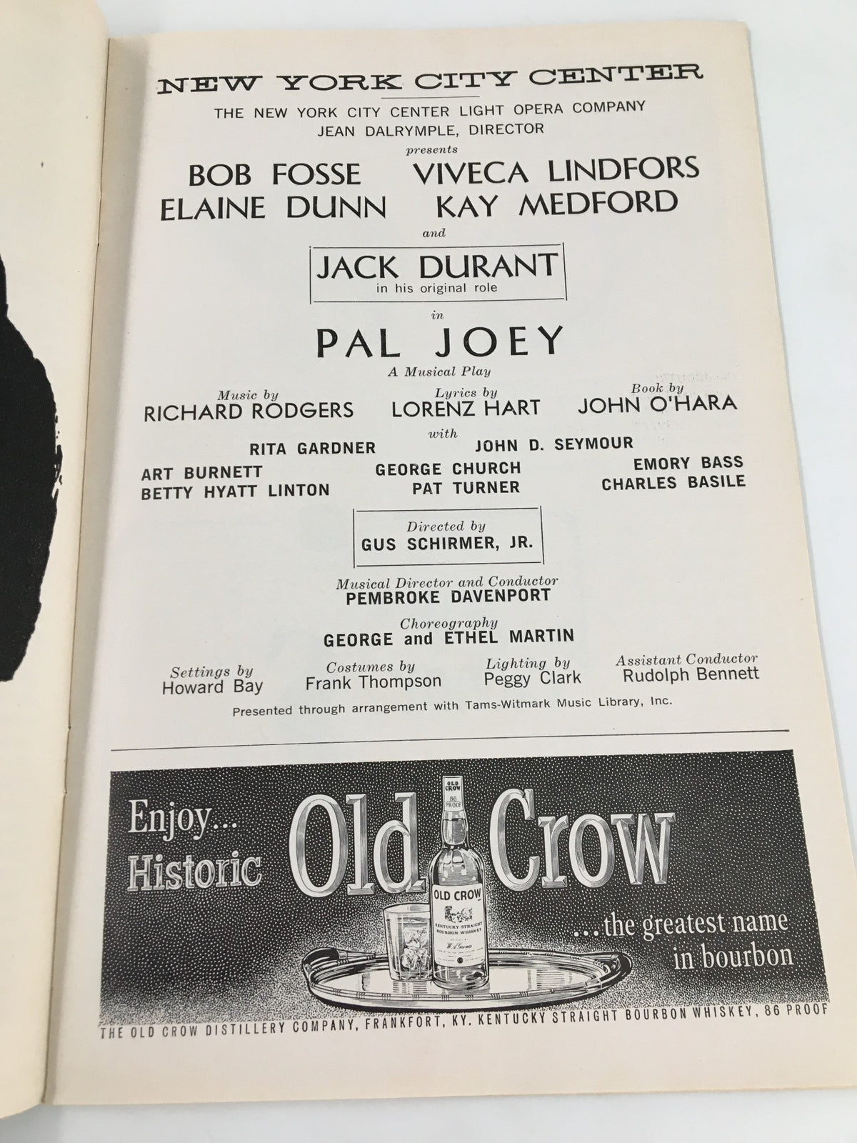 Detailed page from the 1963 Playbill showcasing the cast and production details for Pal Joey at the New York City Center, featuring Bob Fosse and Jack Durant.