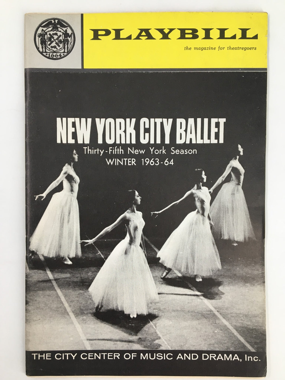 1963 Playbill New York City Ballet showcasing the Winter 1963-64 season at The City Center of Music and Drama, featuring iconic ballet dancers in elegant tutus.