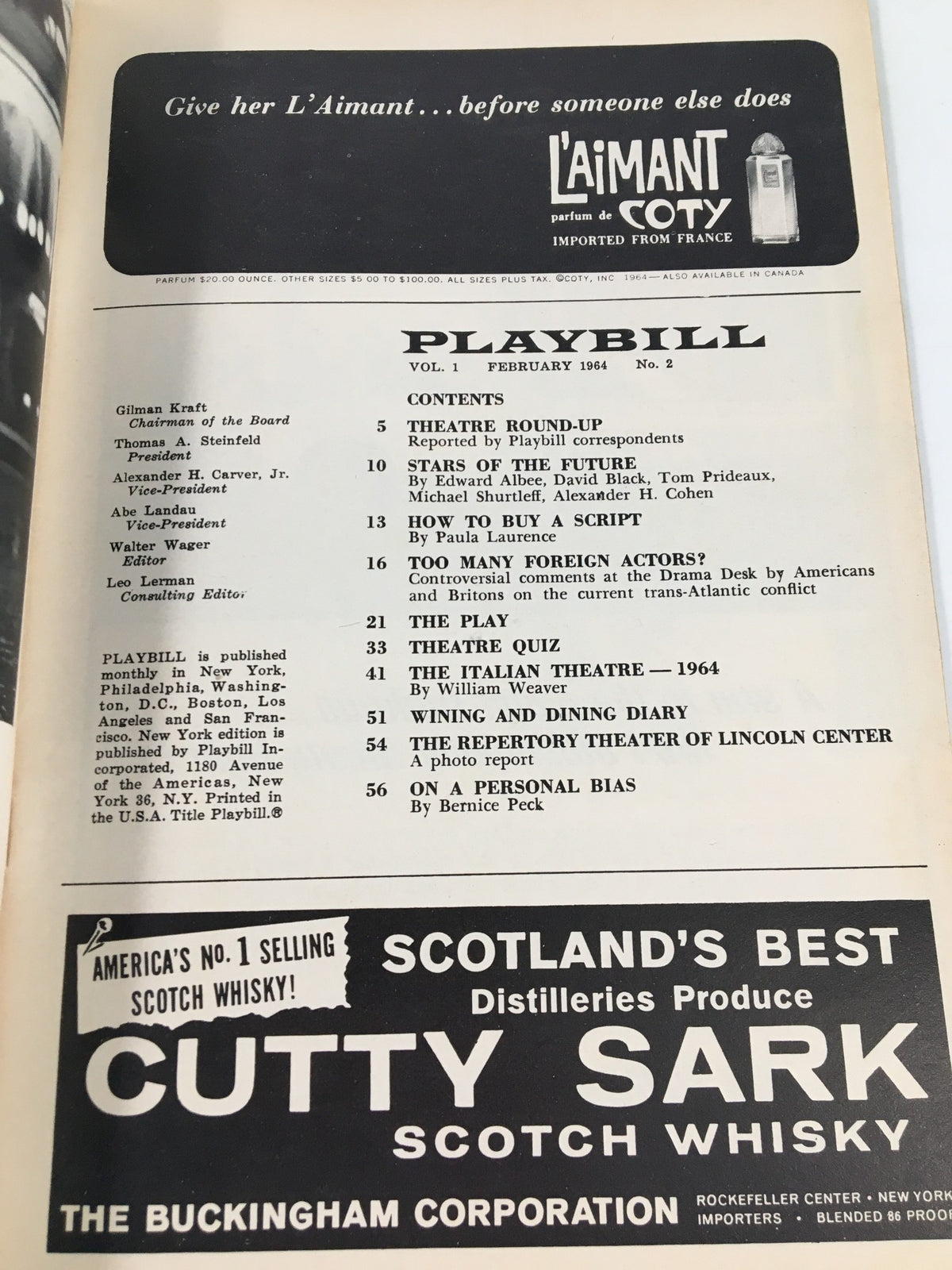 Inside page of the 1964 Playbill for Beyond The Fringe, showcasing theater listings and advertisements, reflecting the vibrant culture of the era.