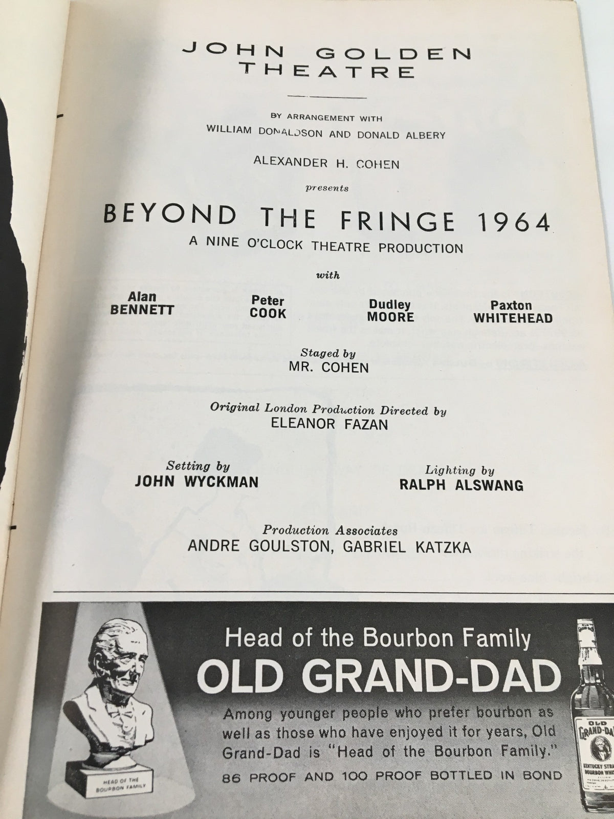 1964 Playbill from John Golden Theatre featuring Alan Bennett in Beyond the Fringe, showcasing the cast, production details, and artistic design of this iconic theatrical performance.