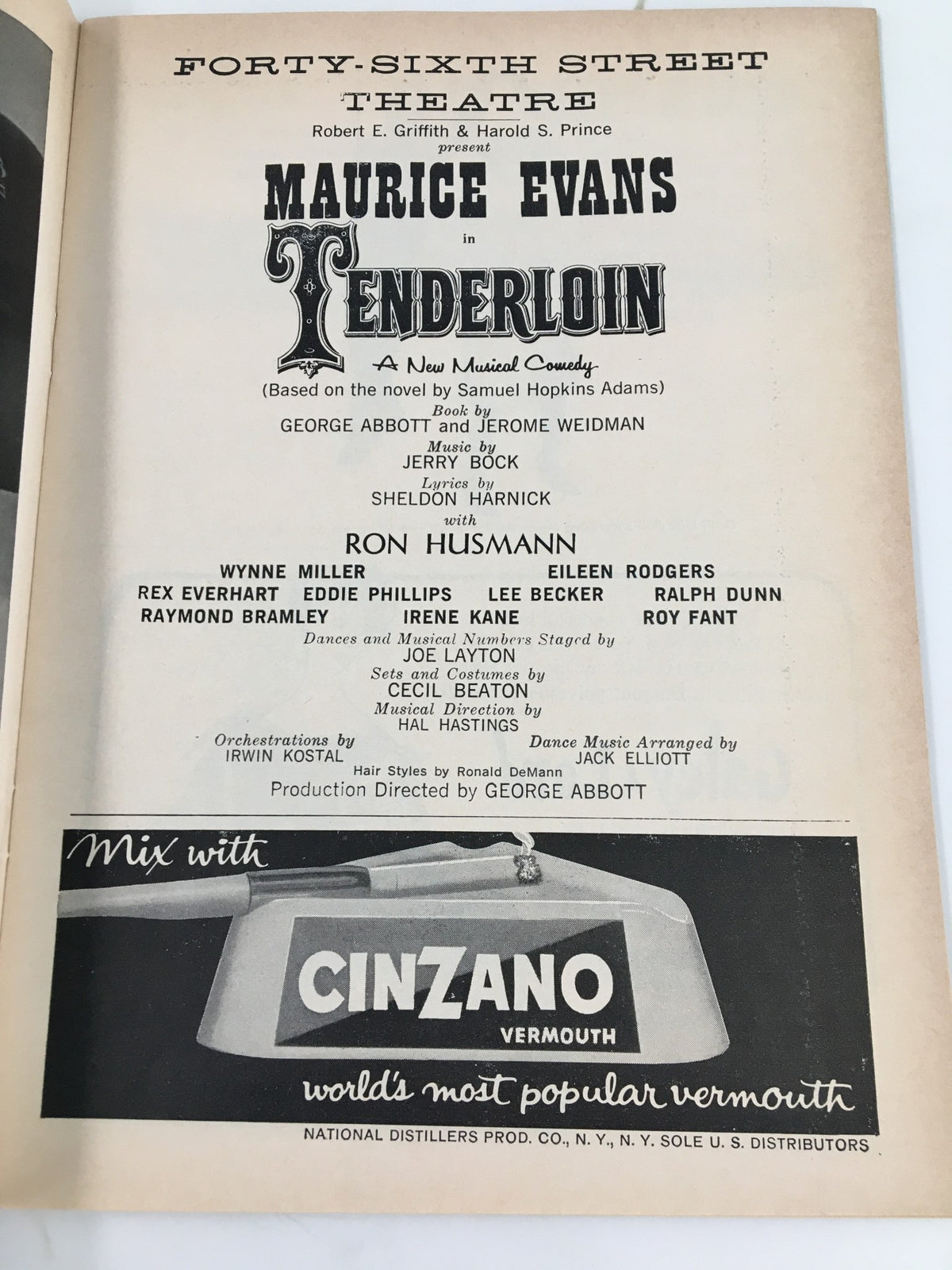 1961 Playbill from Forty-Sixth Street Theatre featuring Maurice Evans in Tenderloin, showcasing cast names and production details in vintage design.