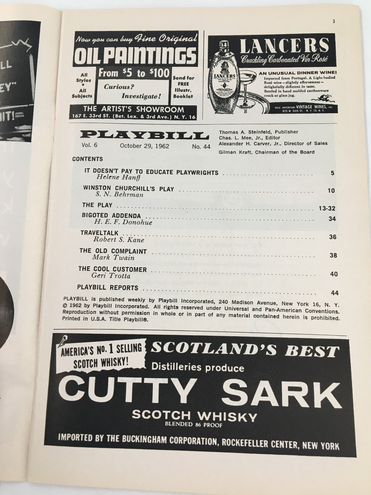 Interior page of the 1962 Playbill for 'Mary, Mary' showing advertisements and details from the original production staged at Helen Hayes Theatre.