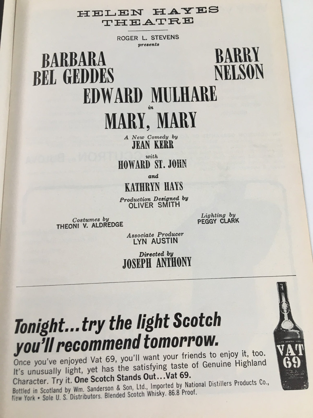 Another interior page from the 1962 Playbill for 'Mary, Mary' showcasing the cast information, including Barry Nelson and Edward Mulhare at Helen Hayes Theatre.