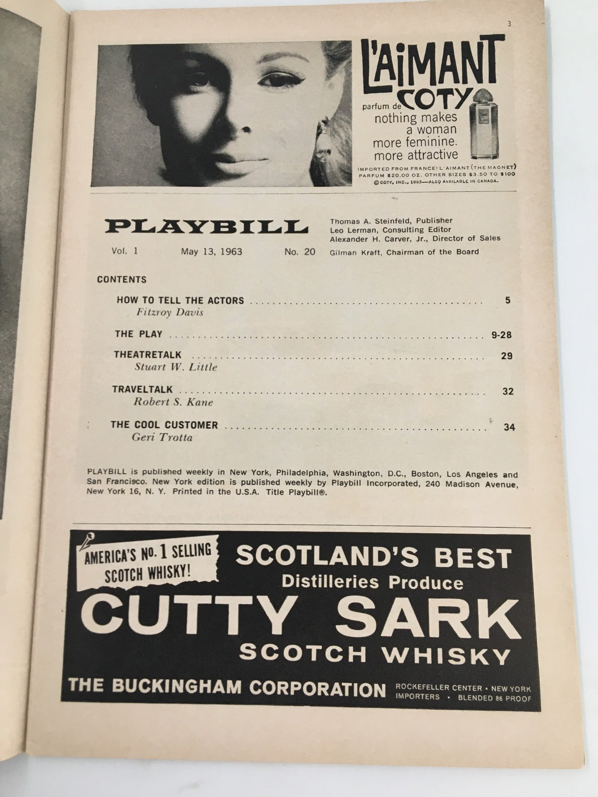 Interior page of the 1963 Playbill for Never Too Late, listing various sections including the play 'Never Too Late' and advertisements from the era.